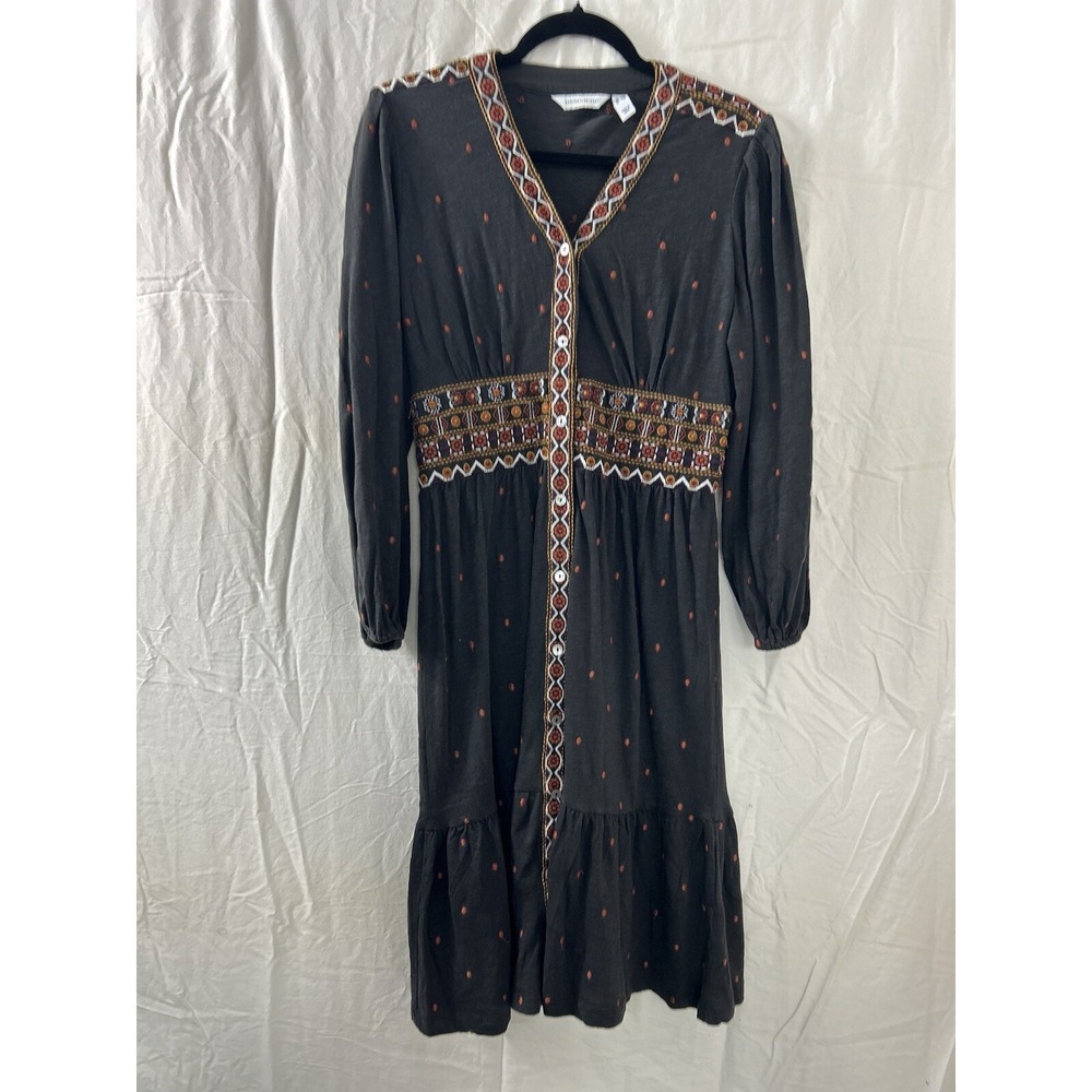 Denim & Co. Canyon Retreat Midi Black Dress Smocked Waist Size XSP Long‎ Sleeve